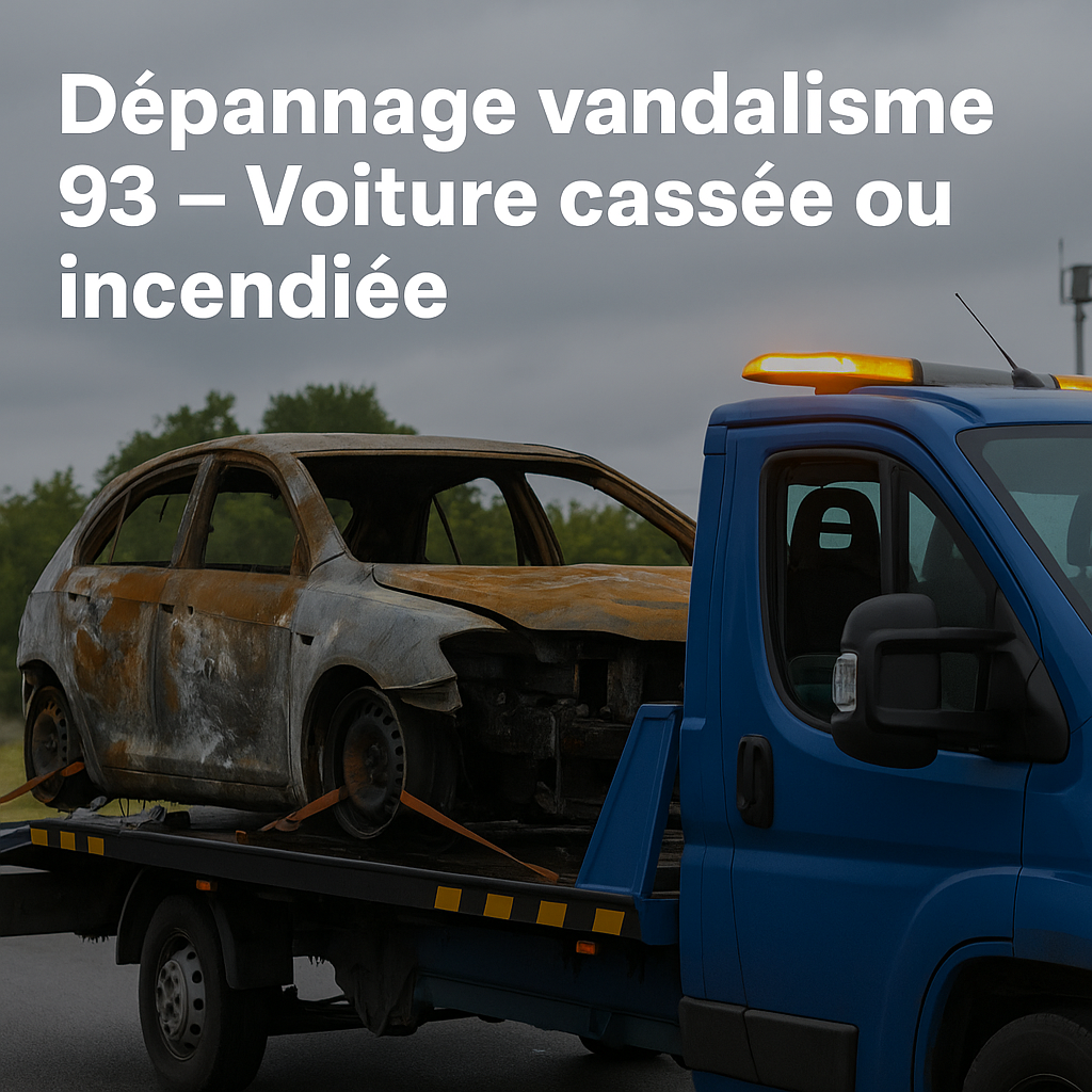 Voiture incendiée remorquée par une dépanneuse en Seine-Saint-Denis